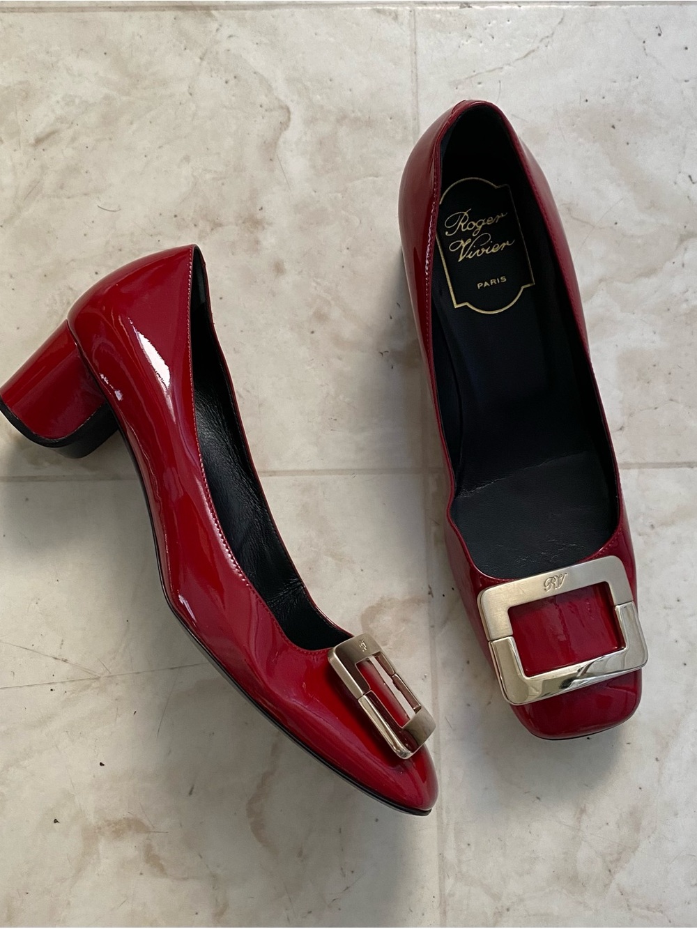 $875 Roger Vivier Tres Vivier Red Patent Leather Block Heels Pumps Size 7.5
